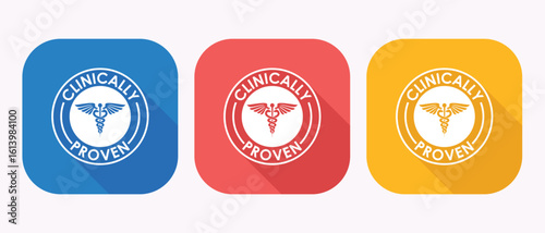 Clinically Proven Badges in Blue Red and Gold Representing Medical Validation and Scientific Backing with the Caduceus Symbol