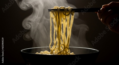Steaming Hot Noodles Lifted by Chopsticks, Illuminated by Dramatic Backlighting