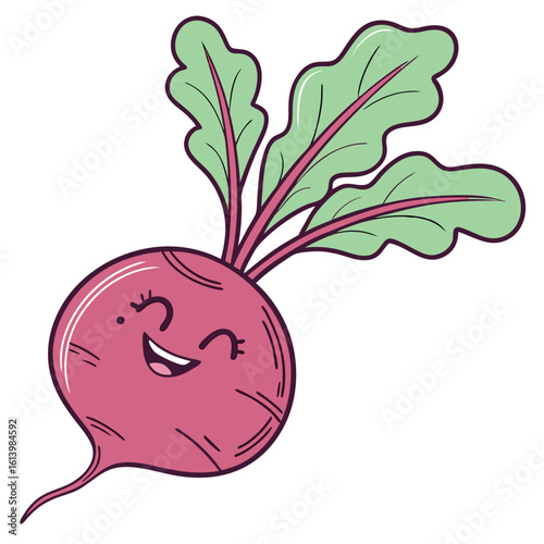 Cute cartoon radish character with smiling face and green leaves  