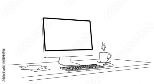 Minimalist office desk setup with computer keyboard mouse and coffee mug vector line art illustration
