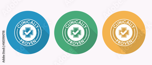 Clinically Proven Badges in Blue Green and Yellow Representing Evidence Based Medical Efficacy and Safety in Healthcare Products and Treatments