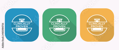 Clinically Proven Logos in Blue, Green, and Yellow Square Icons Representing Scientific Validation and Endorsement with Bold Colors
