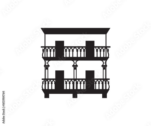 Ornate TwoStory Balcony Illustration in Black Silhouette Against a White Background