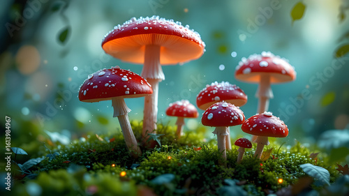 Wallpaper Mural "Magical Red Mushrooms in Enchanted Forest with Glowing Lights" Torontodigital.ca