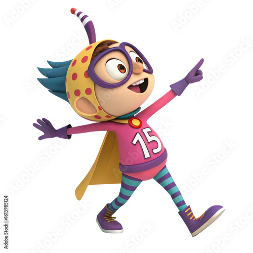 Cartoon superhero girl with number 15 isolated on transparent background