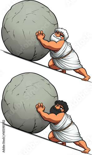 Two ages of Sisyphus rolling a stone to the top of a mountain