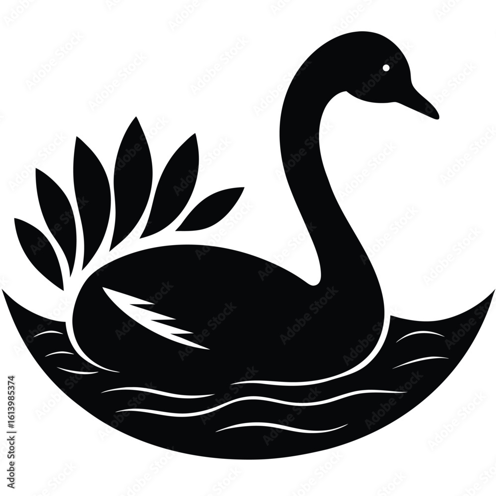 Naklejka premium Elegant black swan floating on water with decorative tail feathers silhouette lake