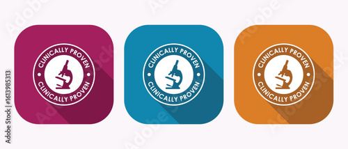 Clinically Proven Badges Assorted Colors Representing Scientific Validation and Medical Testing with Microscope Icon and Rounded Square Backgrounds