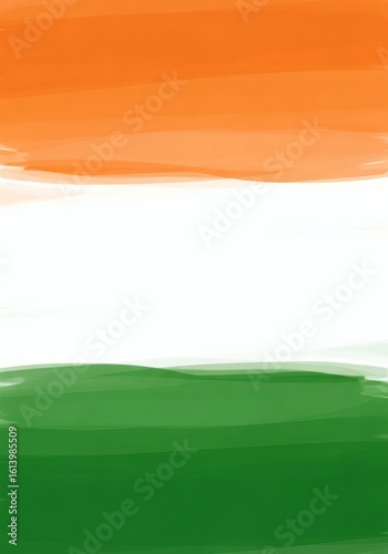 An artistic, painterly rendering of the Indian tricolor flag, with saffron, white, and green brushstrokes.