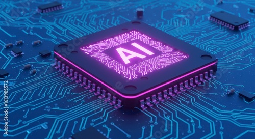AI processor chip glows vibrantly on circuit board, representing advanced technology and computing power