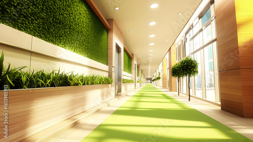 Modern office hallway with lush greenery and natural light.  Features wooden walls, green carpet, and potted plants.  Spacious and bright