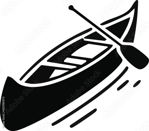 Black silhouette of a canoe with a paddle and water splashes