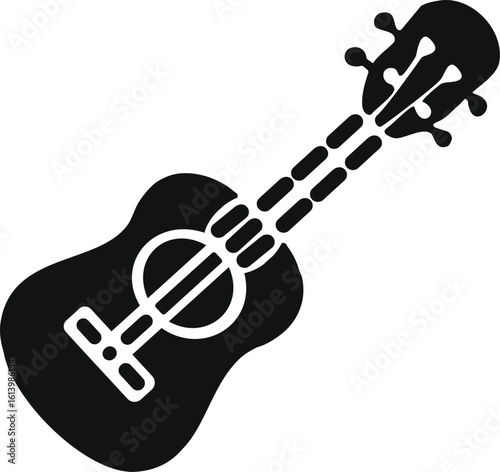 Black silhouette of a ukulele with white strings and fretboard on a white background
