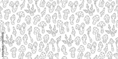 Black and white seamless pattern with cute hand drawn outline fly agaric amanita mushrooms. Autumn background.