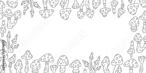 Horizontal background with cute hand drawn outline fly agaric amanita mushrooms and empty space. Autumn backdrop.