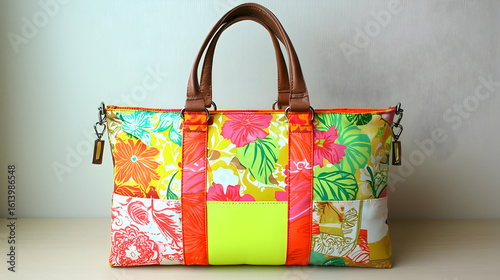 Vibrant patchwork tote bag with bright colors and floral patterns.  Features bold orange, yellow, and lime accents, and brown leather handles