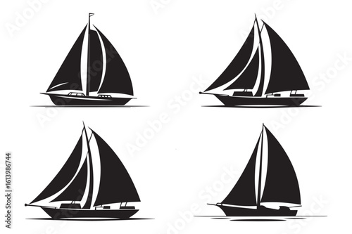 Four sailing boats silhouettes with intricate sail and hull designs isolated on white