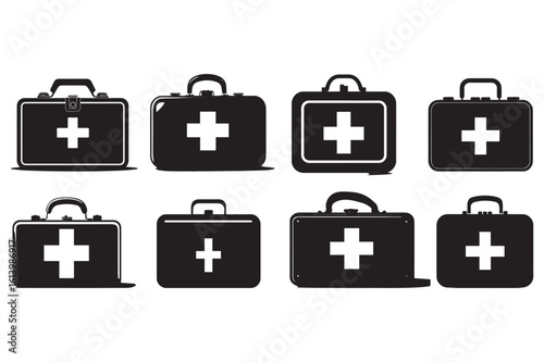 First aid kit silhouettes with cross symbol, medical case icons on white