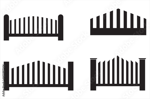 Black silhouettes of four garden gate variations on a white background layout