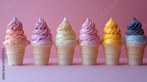Six Colorful Ice Cream Cones on Pink Background