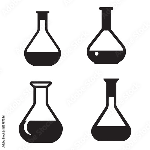 Four flasks in silhouette with liquid inside on a white background