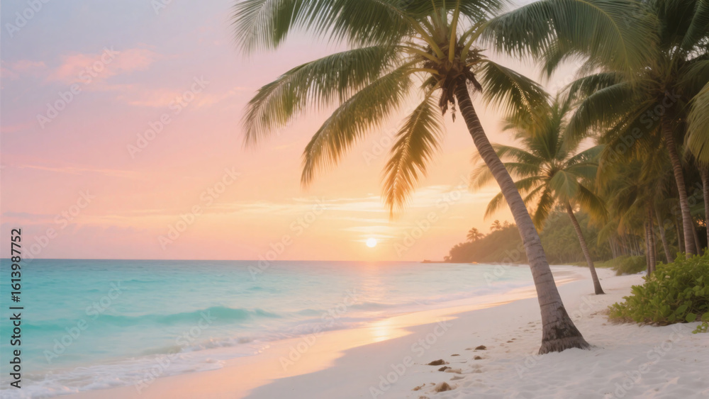 Obraz premium Soft sunrise on a tropical palm‑lined beach with gentle waves lapping the white sandy shore under pastel pink and orange sky.