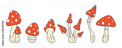 Set of cute hand drawn colored fly agaric amanita mushrooms isolated on white background.