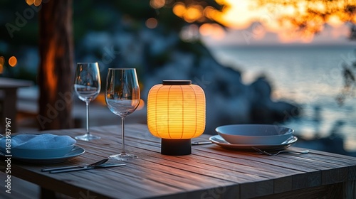 Romantic Sunset Dinner by the Sea with a Japanese Lantern Lamp