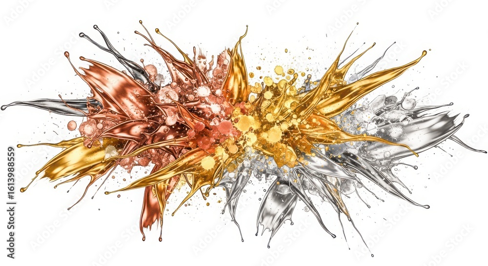 Fototapeta premium A vibrant explosion of metallic liquids in gold silver and copper on white background