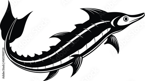 Lake sturgeon silhouette, freshwater fish line art, aquatic animal vector, minimal marine drawing, nature illustration design