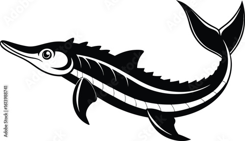 Lake sturgeon silhouette, freshwater fish line art, aquatic animal vector, minimal marine drawing, nature illustration design