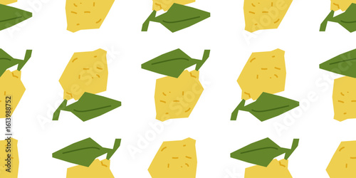 Yellow Lemons Seamless Pattern Design. Simple stylized lemons with green leaves in flat cartoon style on white background.