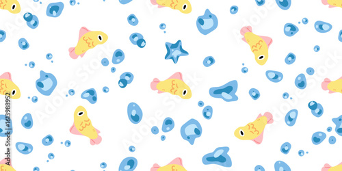 Seamless Cartoon Fish and Bubbles Pattern. Cute repeating pattern with yellow fish, blue water bubbles and starfish on a white background in playful flat style.