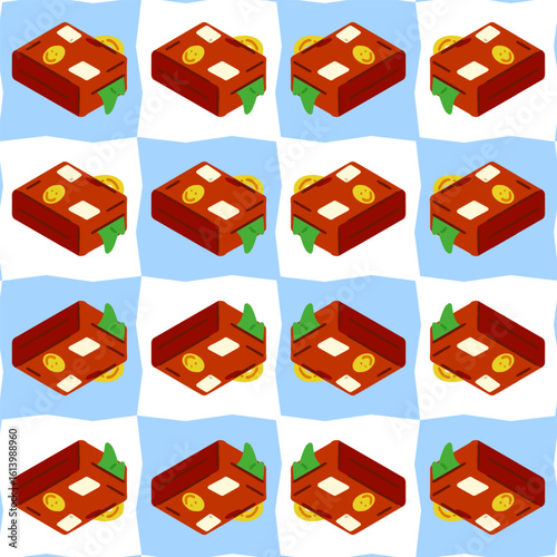 Seamless Travel Suitcase Pattern Design. Repeating flat isometric illustration of vintage brown luggage with travel stickers on a blue and white checkered background.