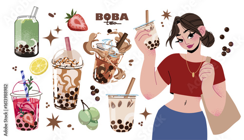 Vector Sticker Pack with Boba Drinks and Character. Bubble Tea Stickers with Girl Holding drink