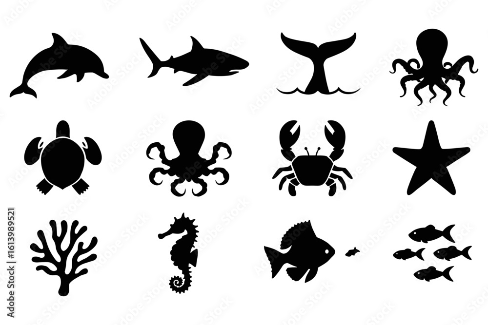 Fototapeta premium Silhouette sea creatures icons ocean life collection featuring marine animals vector