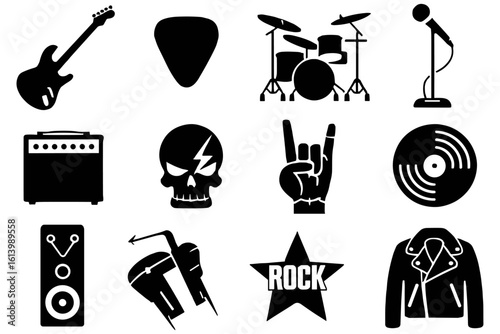 Silhouette rock music icons guitar, microphone, skull, and more in black and white vector