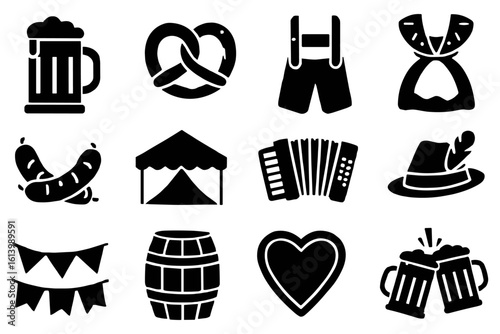 Silhouette Oktoberfest icons beer, lederhosen, pretzel, sausages, tent, accordion vector