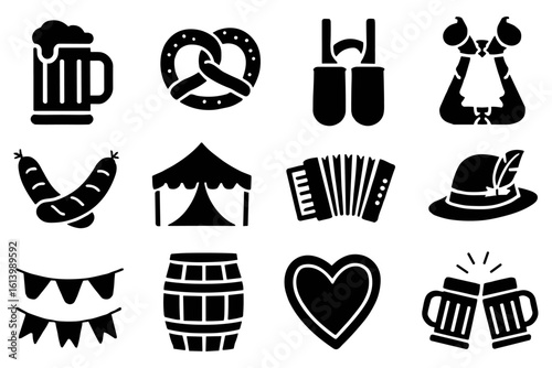 Silhouette Oktoberfest icons beer, lederhosen, pretzel, sausages, tent, accordion vector