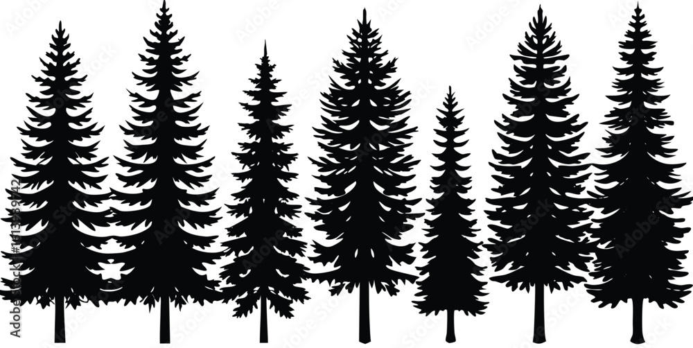 Obraz premium Pine Tree Collection Assorted Evergreen Tree Silhouettes on white background