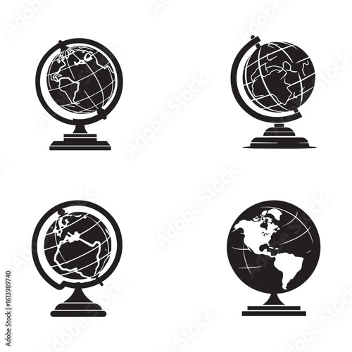 Black and white icon illustration featuring four different globe designs on white background