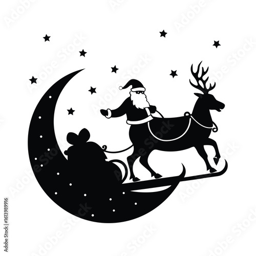 Silhouette of Santa Claus sitting in a sleigh being pulled by reindeer,