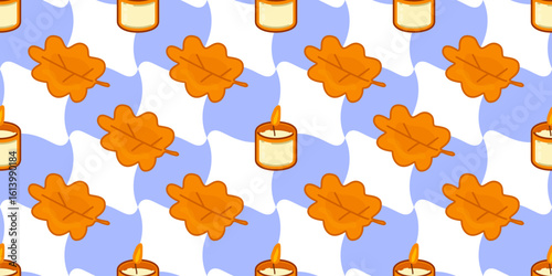 Seamless Autumn Candle Leaf Pattern. Repeating cartoon illustration with orange leaves and yellow candles on wavy white and blue background.