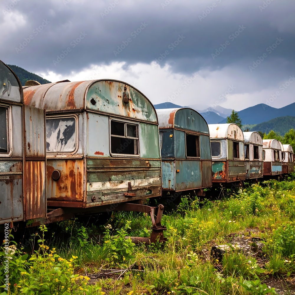 Fototapeta premium Abandoned trailers in a mountain landscape