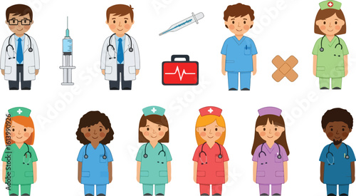 Collection of diverse medical professionals and supplies isolated on transparent background