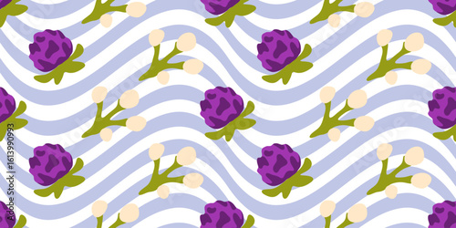 Seamless Clover Bud Flower Pattern. Stylized repeating design with purple clovers and floral buds on wavy blue and white background, flat style.