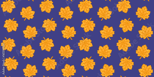 Seamless Maple Leaf Autumn Pattern. Cartoon orange maple leaves arranged on a deep purple background. Flat seamless pattern with bold autumn contrast.