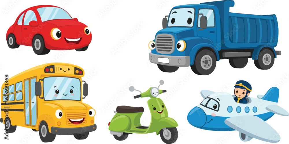 Fototapeta premium Collection of cute cartoon vehicles with faces isolated on transparent background