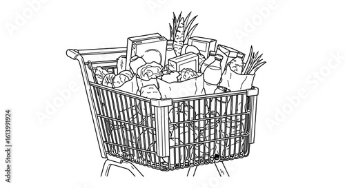 Grocery shopping cart full of food illustration for supermarket and retail business one hundred character