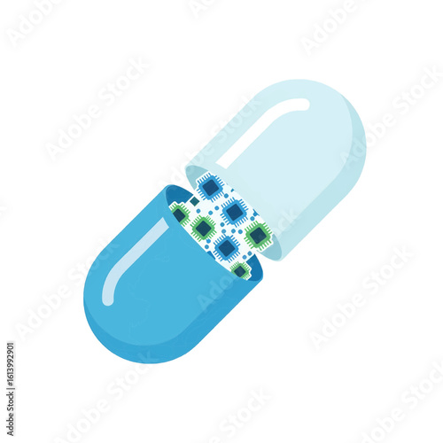 Nanotechnology in medicine conceptual illustration. An open blue capsule reveals internal microchips, symbolizing a digital pill for smart drug delivery and future healthcare.